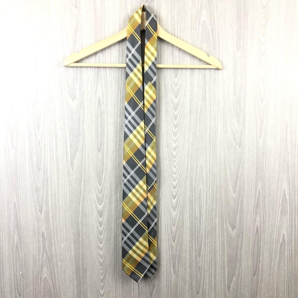 Geoffrey Beene Yellow, Gray, and White Plaid Tie